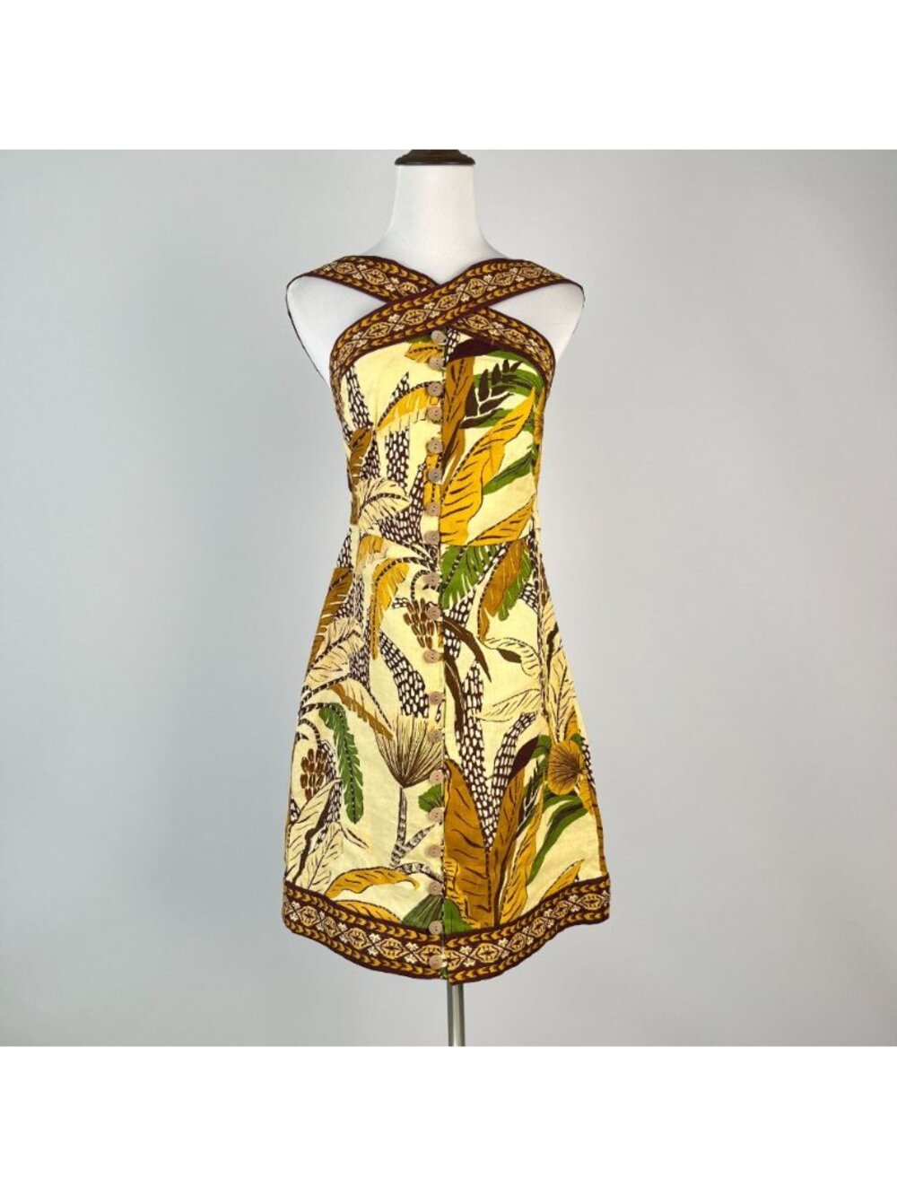 NWT Farm Rio Foliage Sketch Sand Halter Neck Linen Mini Dress Size XS - Picture 2 of 11